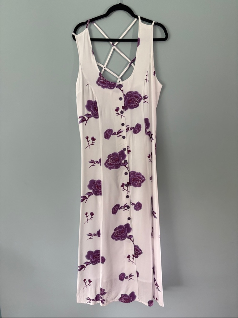 VENUS White Midi Dress with Purple Floral Print and Crisscross Back